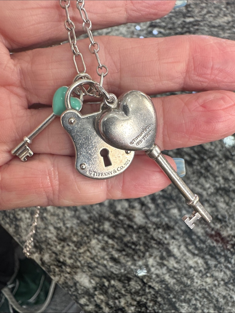 Tiffany & Co. Silver Key, Padlock & Mint Green Heart Charm Necklace